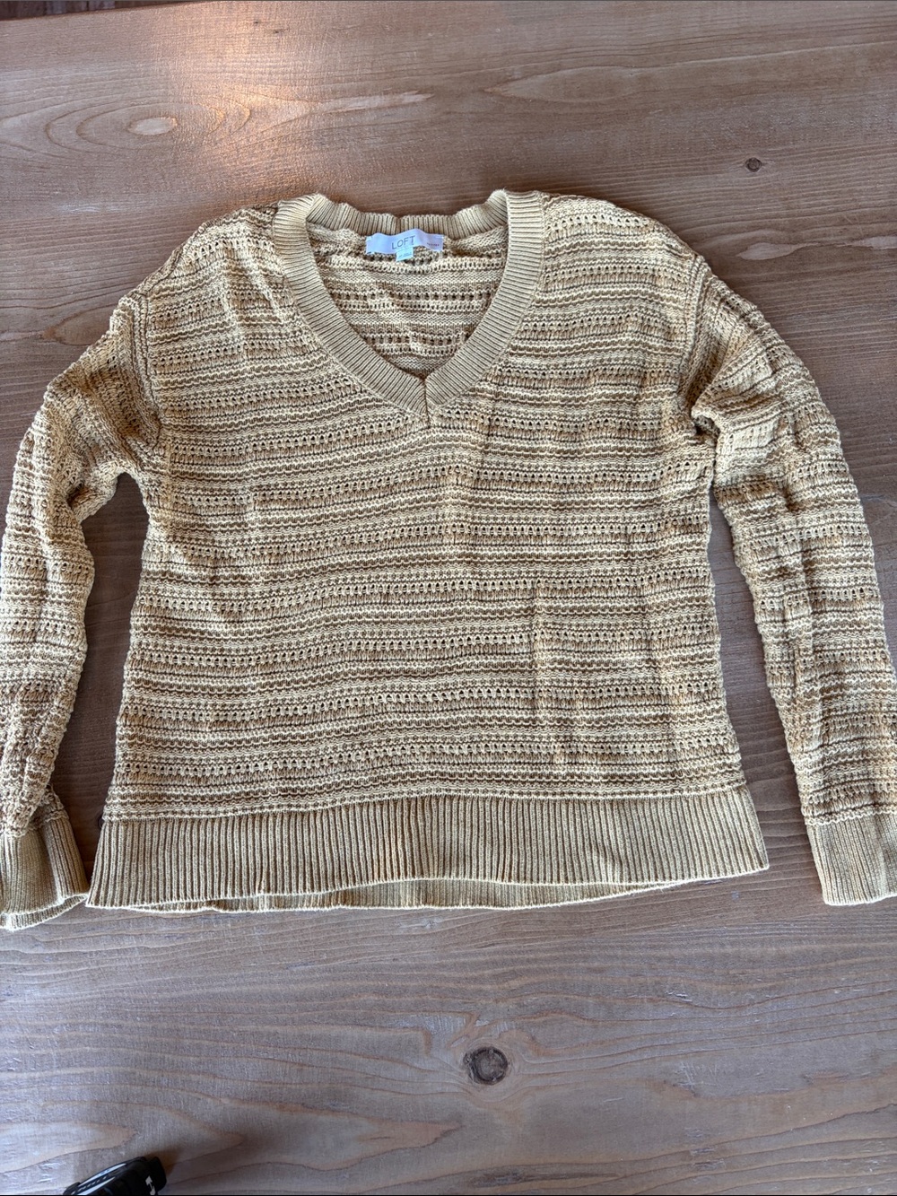 LOFT Light Rust V-Neck Open Knit Sweater
